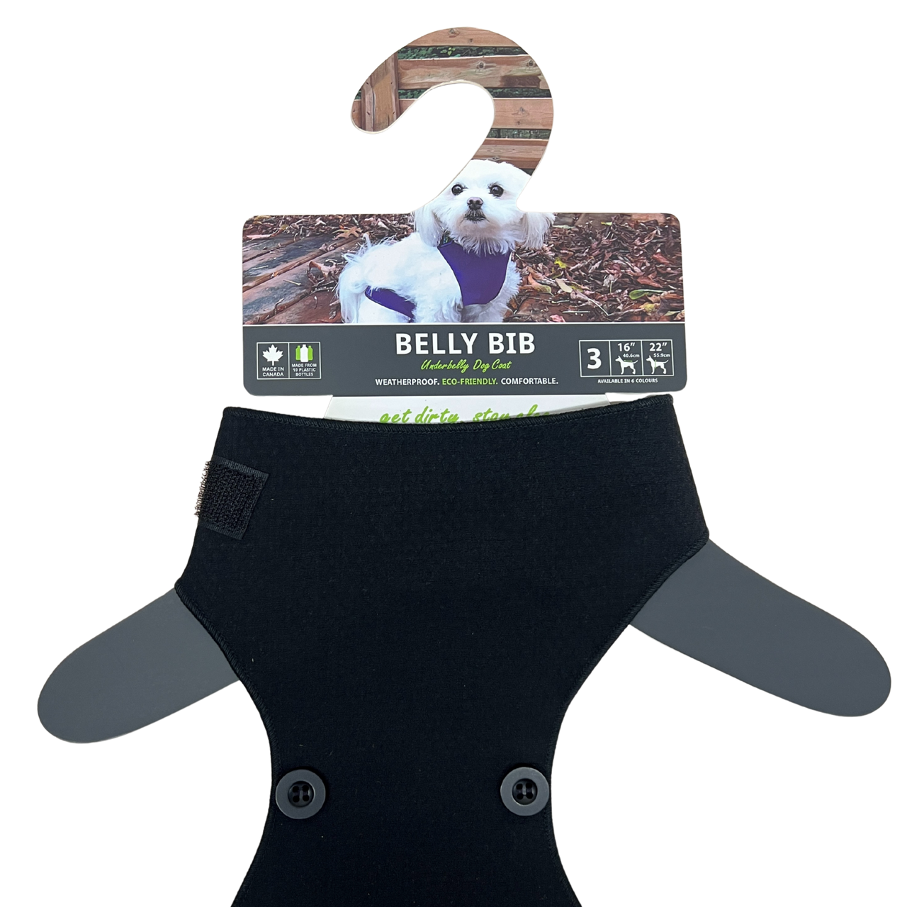 Belly Bibs TYNK outdoor dog wear in black, displayed on a hanger with a small dog wearing it outdoors.