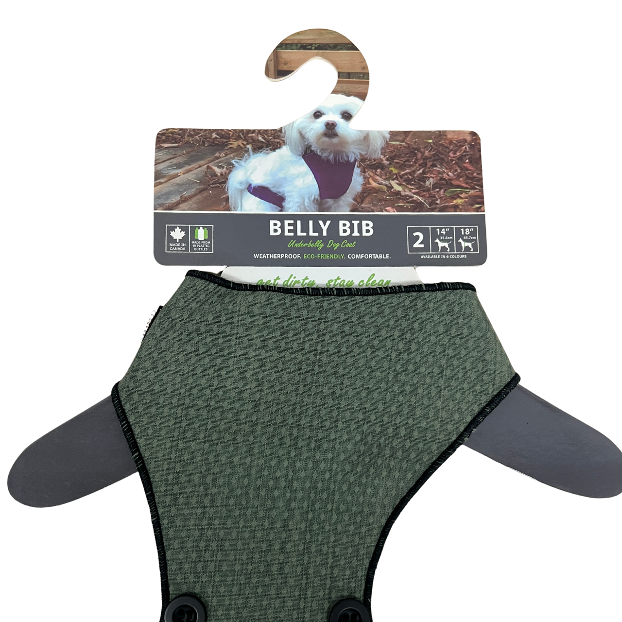Belly Bibs in green with adjustable straps, designed for outdoor dogs, displayed on a hanger with a dog model.