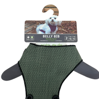 Thumbnail for Belly Bibs in green with adjustable straps, designed for outdoor dogs, displayed on a hanger with a dog model.