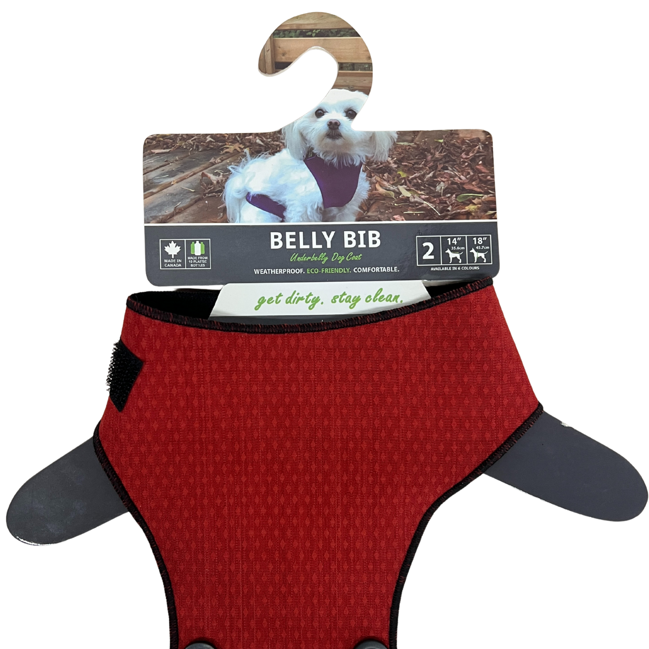 Belly Bib in red, size 2, designed for outdoor dogs, displayed on a hanger with a small dog model.