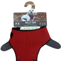 Thumbnail for Belly Bibs in red, size 2, displayed on a hanger with a dog model wearing it, showcasing waterproof fabric and comfort.