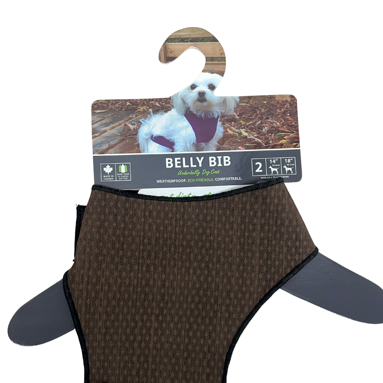 Belly Bibs in brown with a textured pattern, displayed on a hanger with a dog model wearing it.