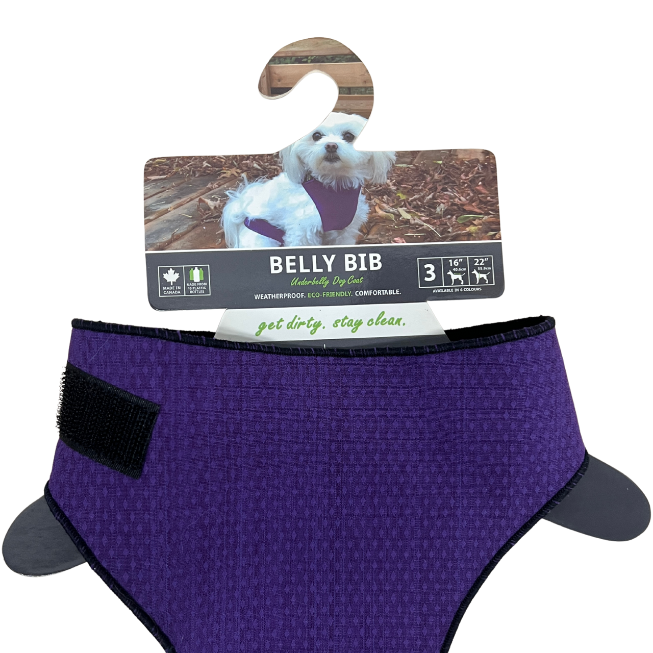 Belly Bib in purple, designed for outdoor dogs, featuring a waterproof and comfortable fabric with adjustable straps.