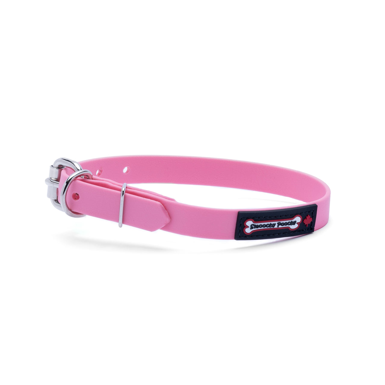 Baby Pink biothane dog collar with a silver metal buckle and a black Smoochy Poochy label.
