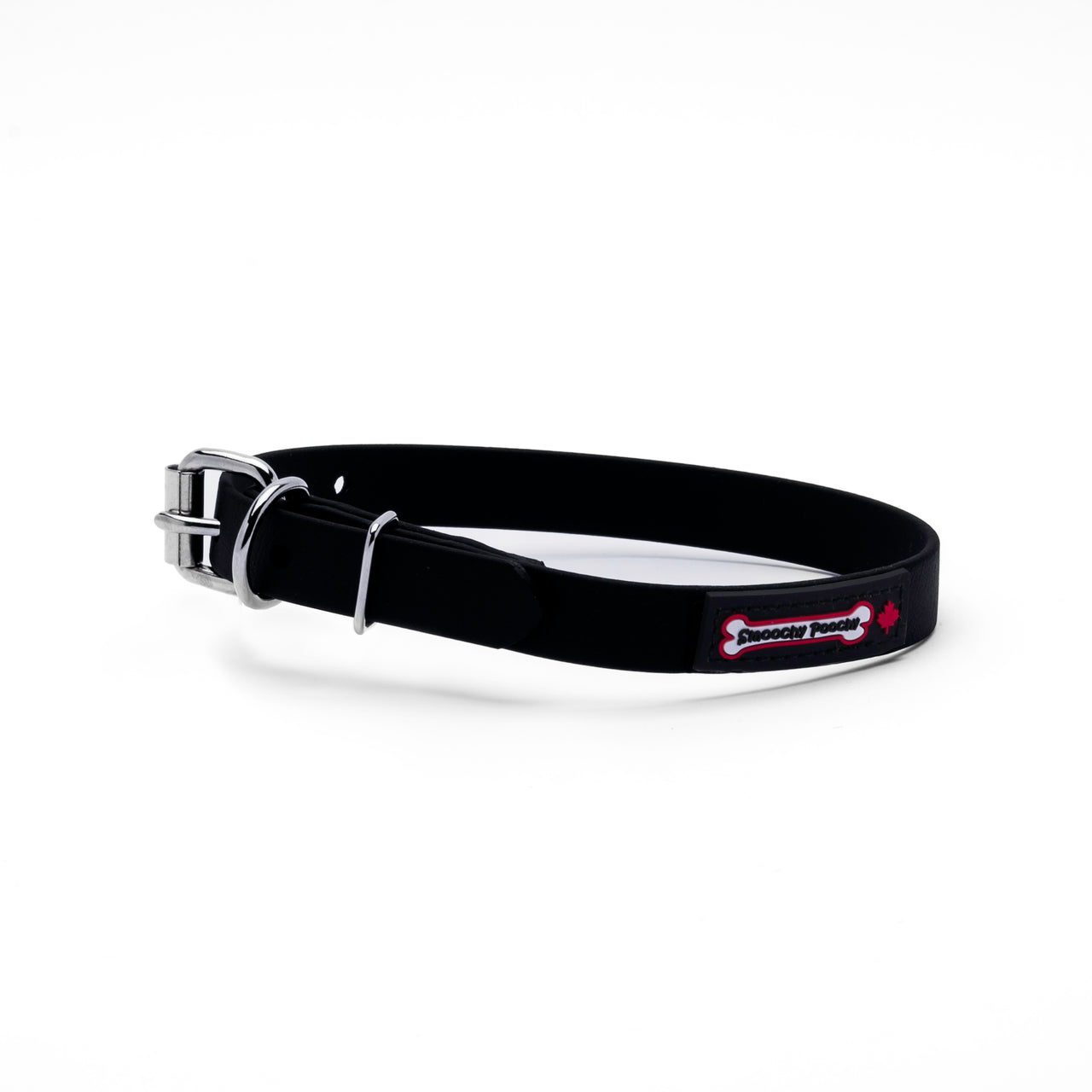 Black biothane dog collar with a silver metal buckle and a black Smoochy Poochy label.