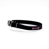 Thumbnail for Black biothane dog collar with a silver metal buckle and a black Smoochy Poochy label.