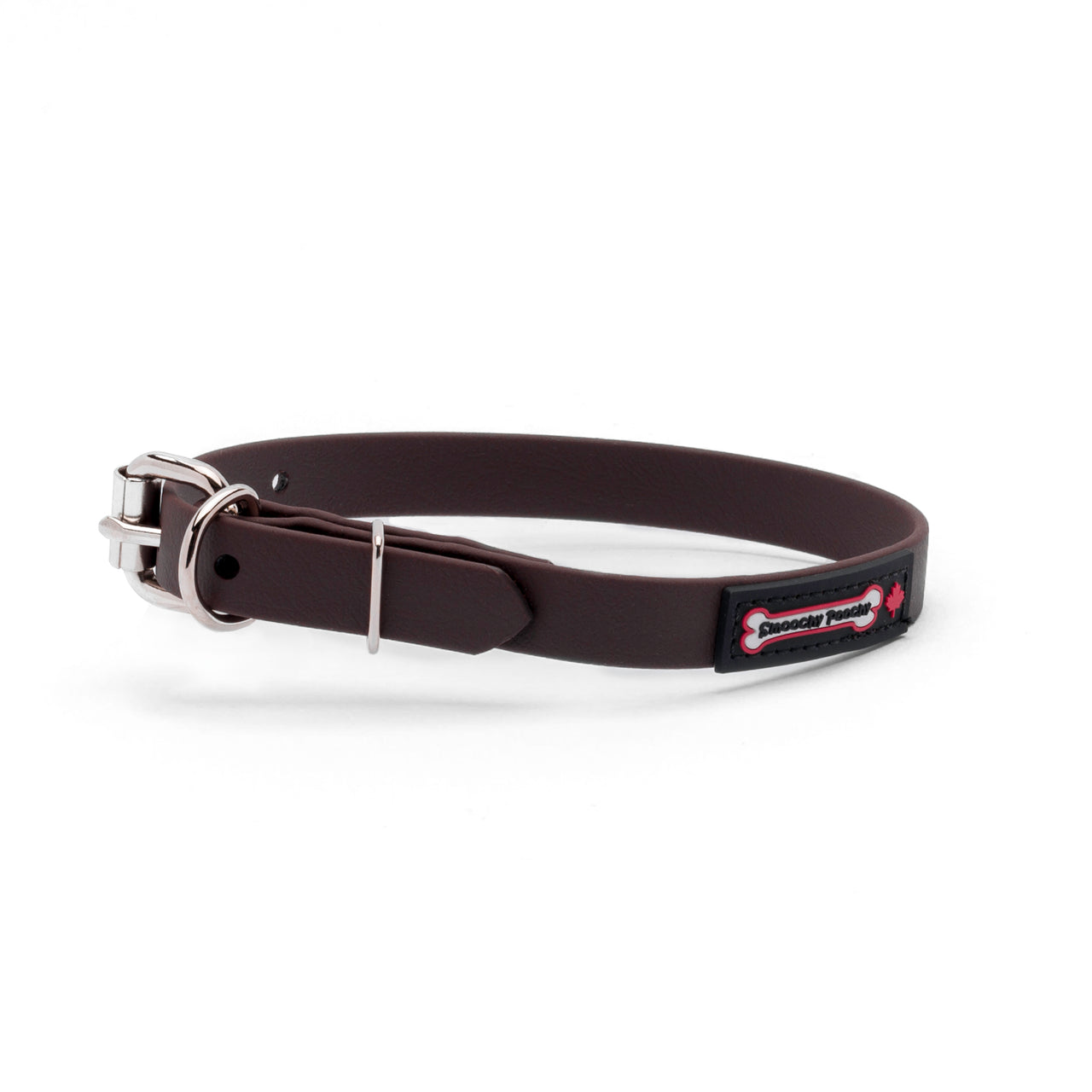Brown biothane dog collar with a silver metal buckle and a black Smoochy Poochy label.
