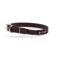 Thumbnail for Brown biothane dog collar with a silver metal buckle and a black Smoochy Poochy label.