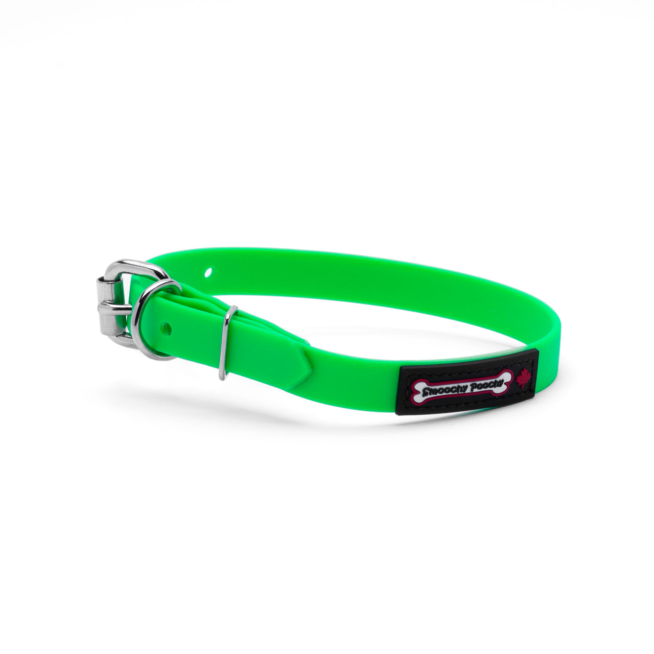 Green biothane dog collar with a silver metal buckle and a black Smoochy Poochy label.