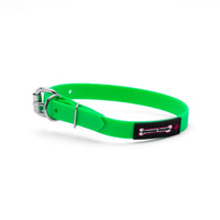 Thumbnail for Green biothane dog collar with a silver metal buckle and a black Smoochy Poochy label.