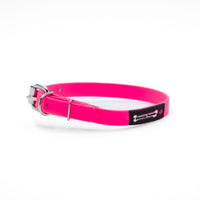 Thumbnail for Hot Pink biothane dog collar with a silver metal buckle and a black Smoochy Poochy label.