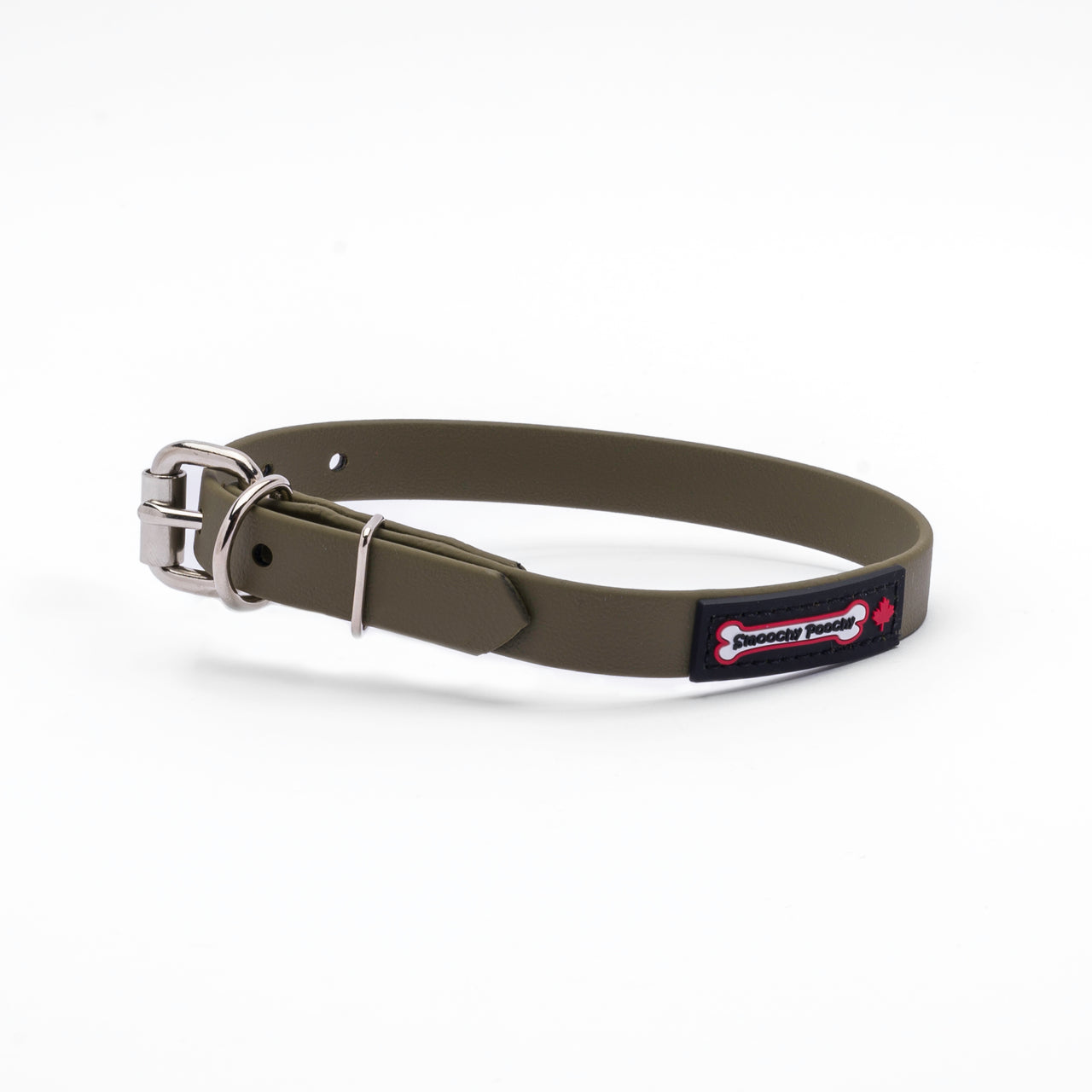 Khaki biothane dog collar with a silver metal buckle and a black Smoochy Poochy label.