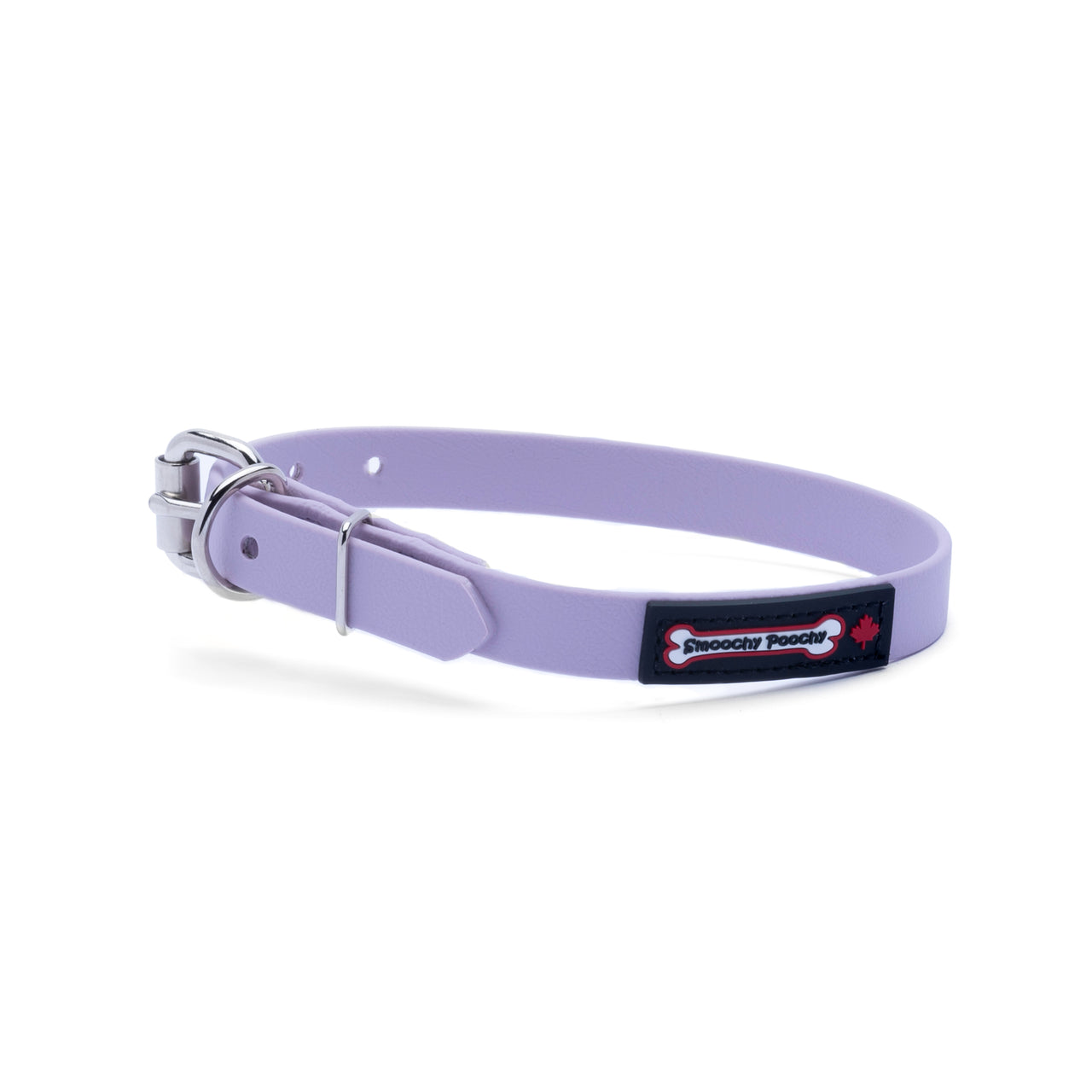 Lavender biothane dog collar with a silver metal buckle and a black Smoochy Poochy label.