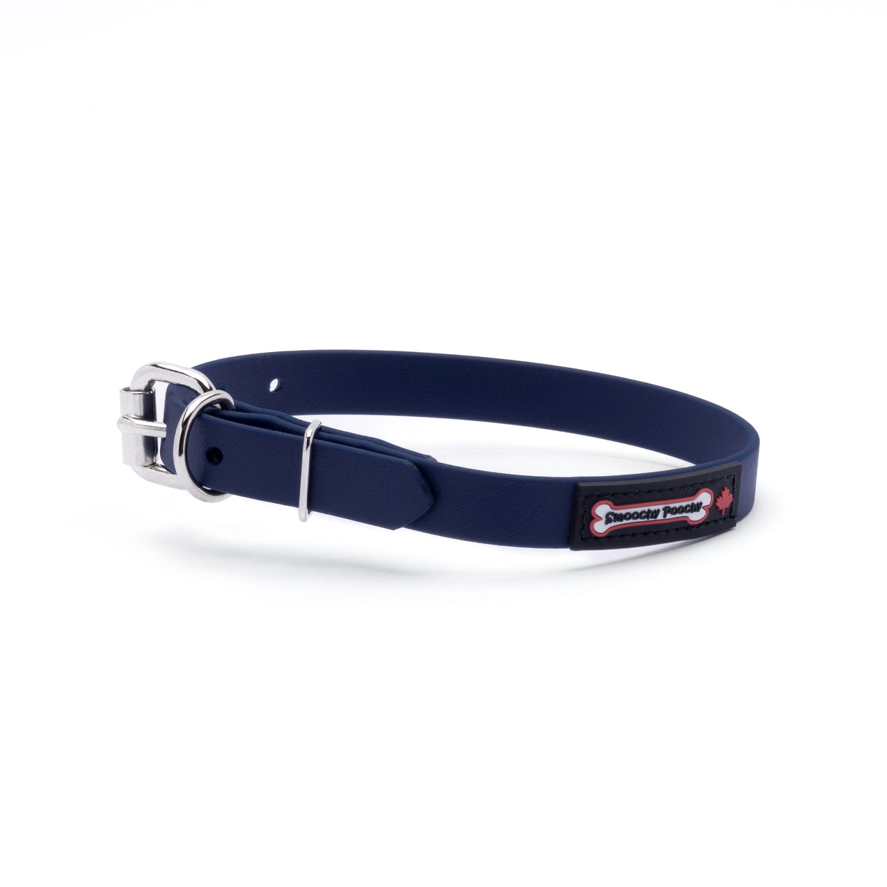 Navy biothane dog collar with a silver metal buckle and a black Smoochy Poochy label.