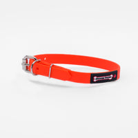 Thumbnail for Orange biothane dog collar with a silver metal buckle and a black Smoochy Poochy label.