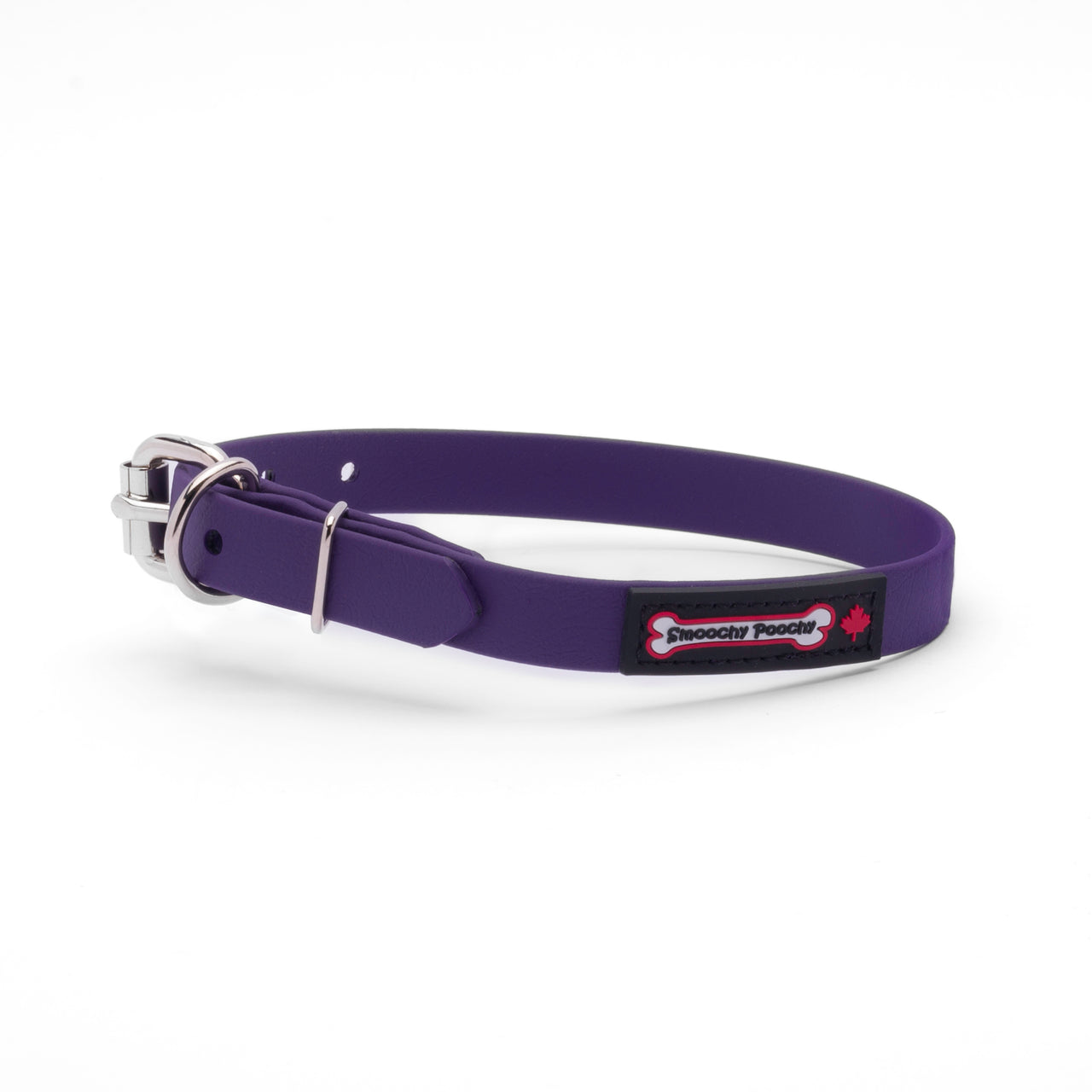 Purple biothane dog collar with a silver metal buckle and a black Smoochy Poochy label.