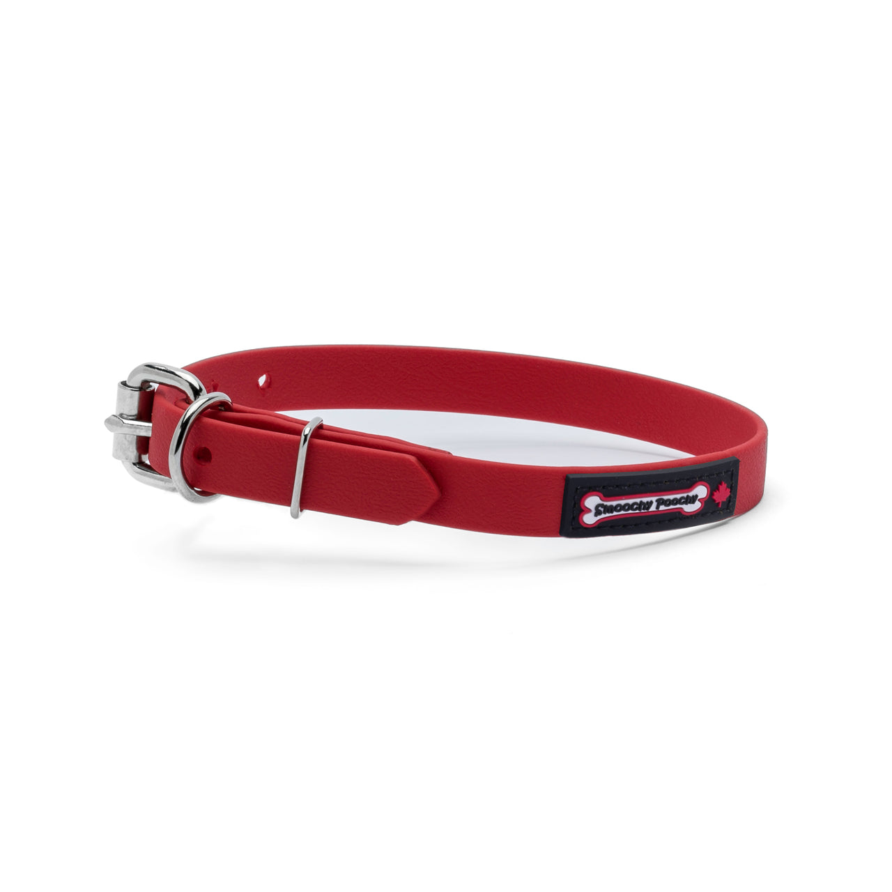 Red biothane dog collar with a silver metal buckle and a black Smoochy Poochy label.