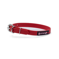 Thumbnail for Red biothane dog collar with a silver metal buckle and a black Smoochy Poochy label.