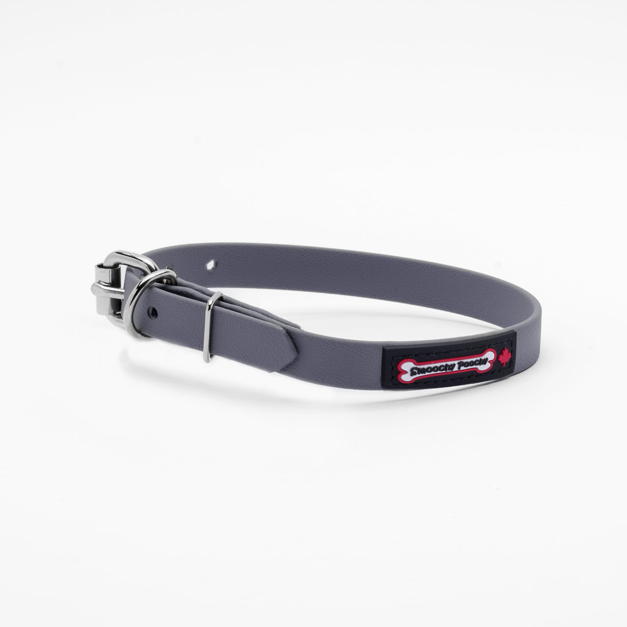 Slate Grey biothane dog collar with a silver metal buckle and a black Smoochy Poochy label.