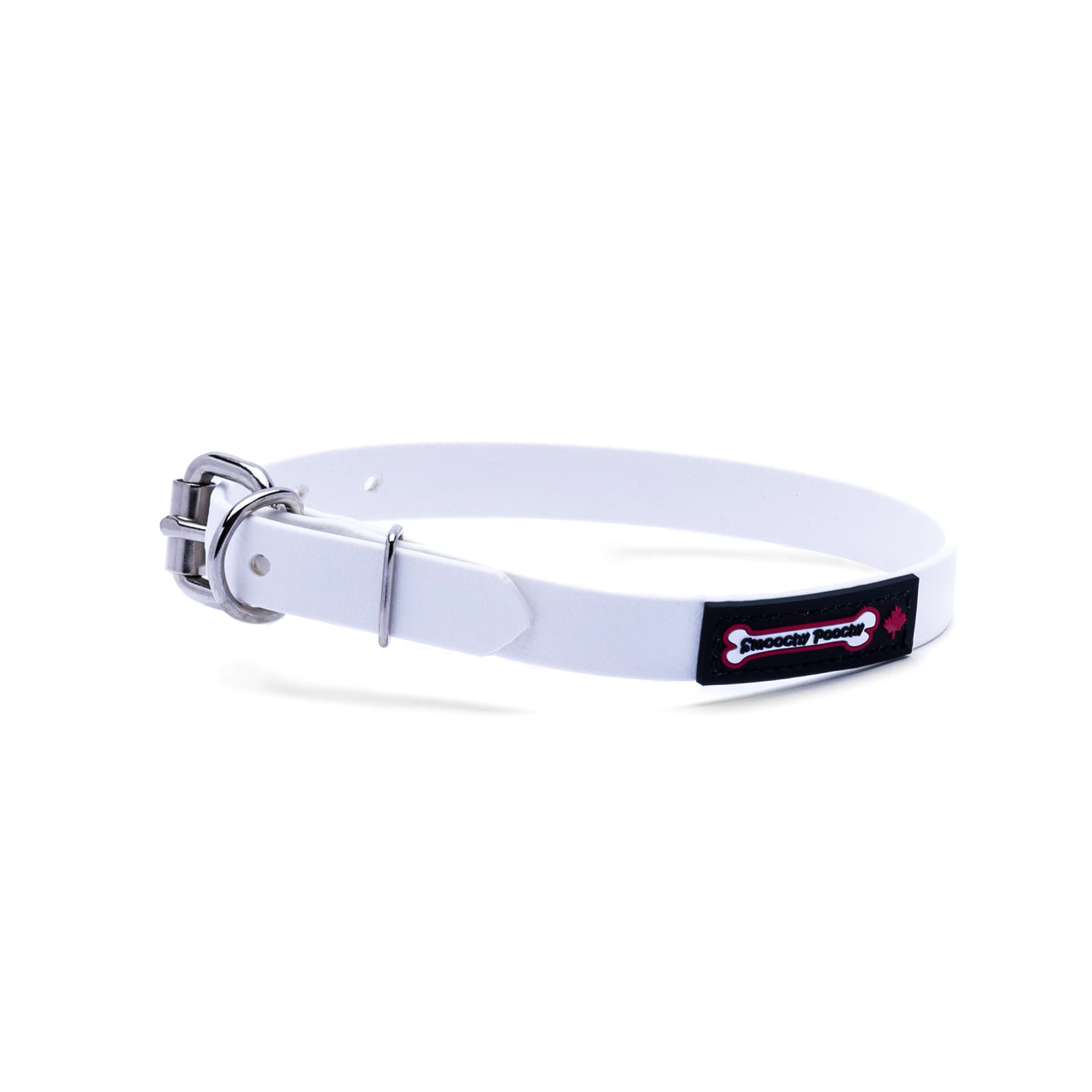 White biothane dog collar with a silver metal buckle and a black Smoochy Poochy label.