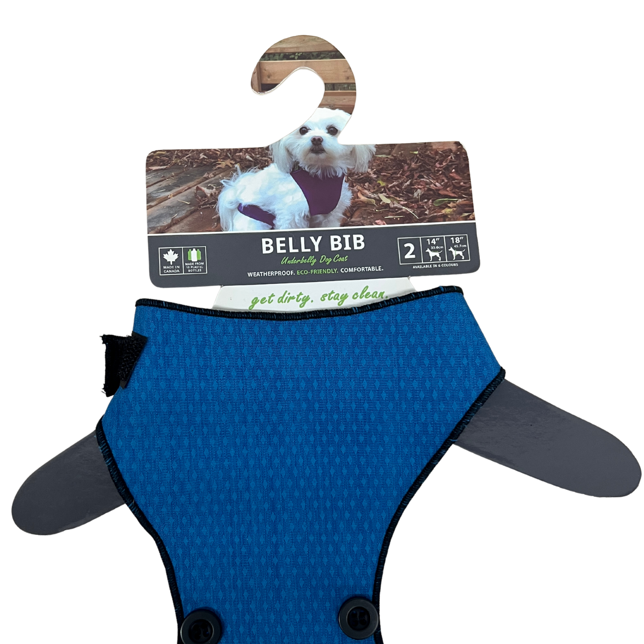 Belly Bib in blue with adjustable straps, displayed on a hanger with a dog model on the packaging.