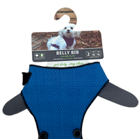 Thumbnail for Belly Bibs outdoor dog wear in blue, displayed on a hanger with a model dog photo on the packaging.
