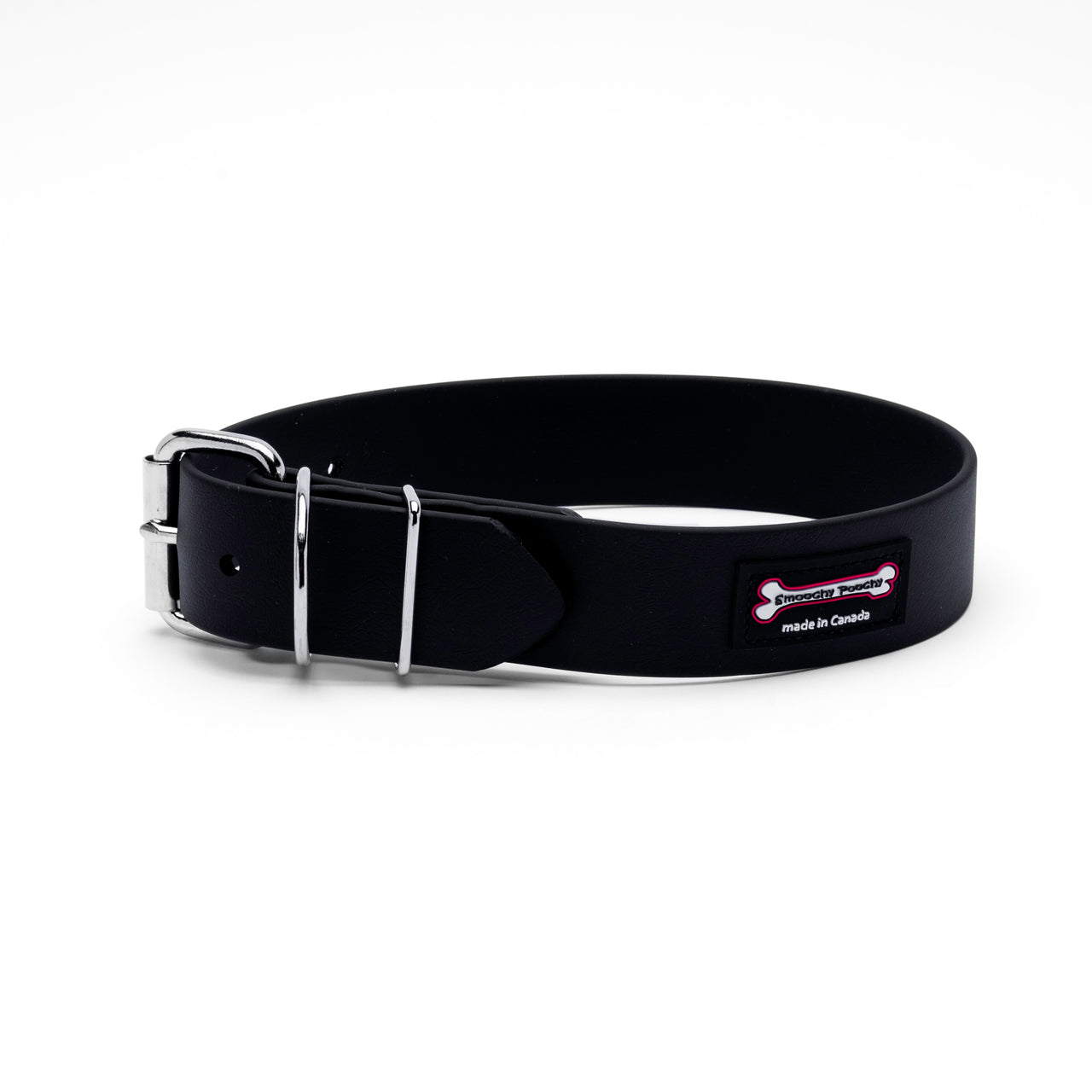 Black Smoochy Poochy Poly Buckle Style Biothane dog collar with roller buckle, double keeper loops, and metal D-ring
