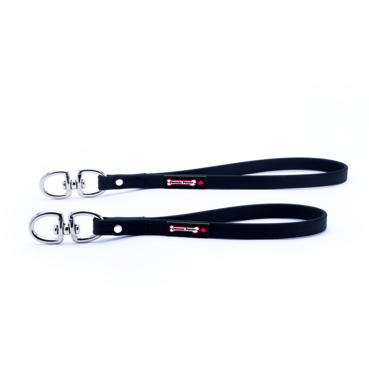 Two black Biothane Smoochy Poochy handles with metal swivel clips