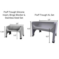 Thumbnail for Fluff Trough XL raised feeder set with silicone insert and stainless steel, featuring gray color and specific dimensions.