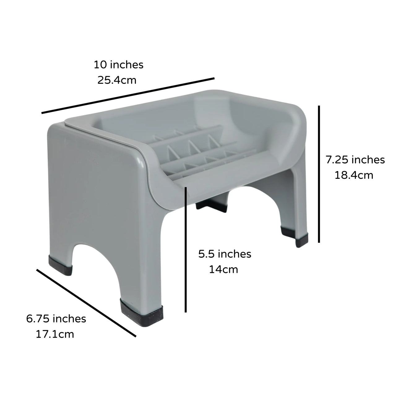 Fluff Trough set in gray, dimensions labeled: 10 inches wide, 7.25 inches tall, 6.75 inches deep.
