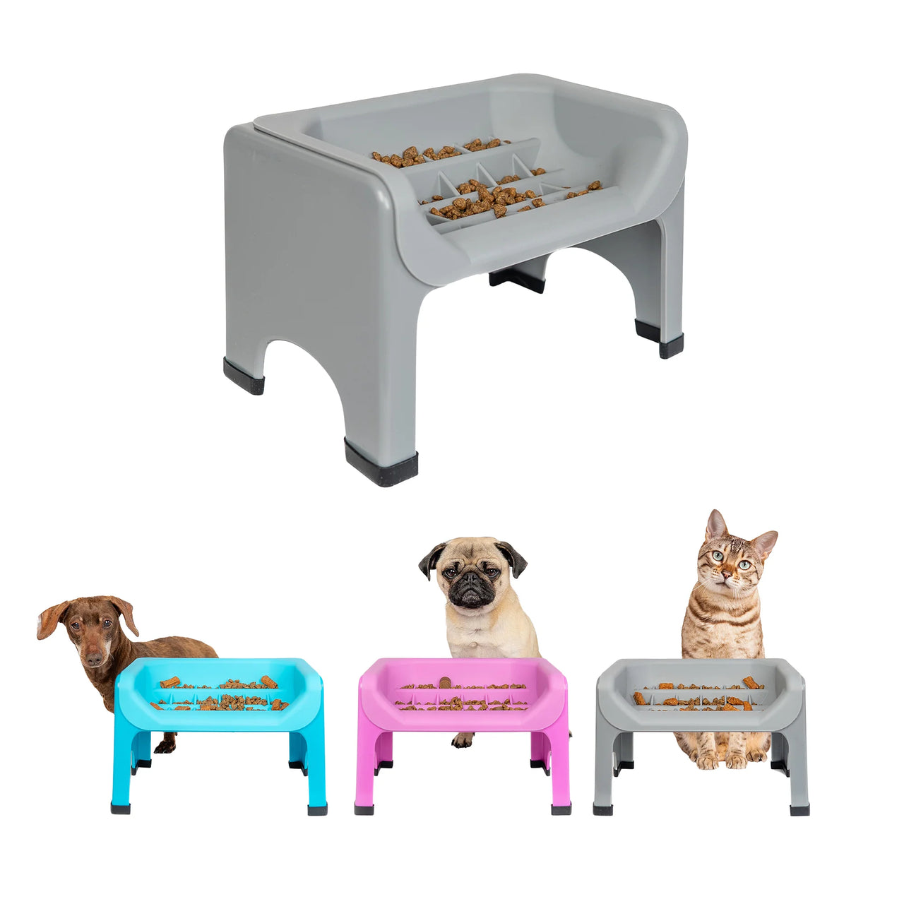 Fluff Trough set in gray with three colorful bases, featuring dogs and a cat around a raised feeding station.
