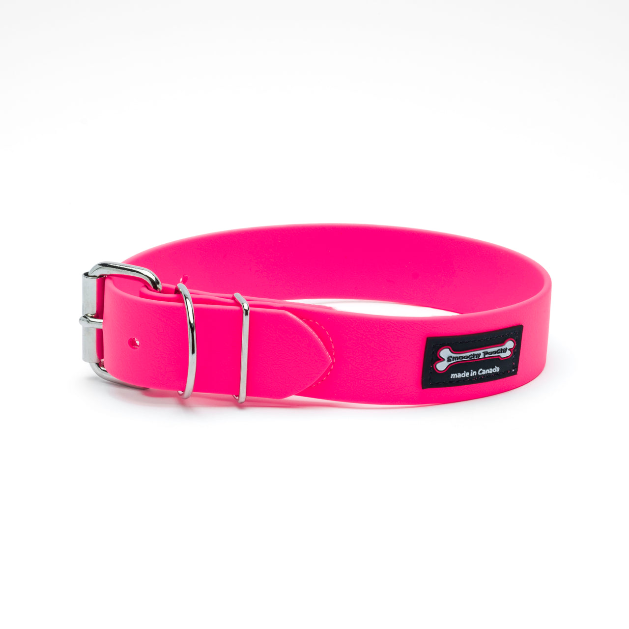 Hot Pink Smoochy Poochy Poly Buckle Style Biothane dog collar with roller buckle, double keeper loops, and metal D-ring