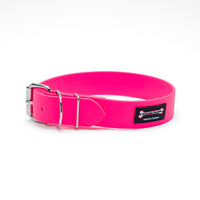 Thumbnail for Hot Pink Smoochy Poochy Poly Buckle Style Biothane dog collar with roller buckle, double keeper loops, and metal D-ring