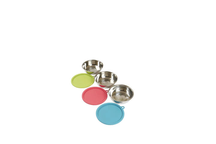 Three Stainless Steel Dog Bowls and Three Silicone Lids