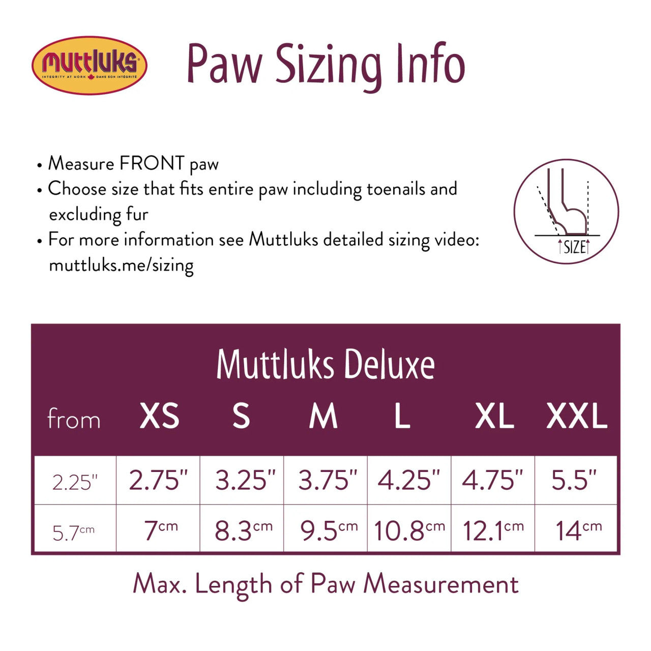 Muttluks dog boots sizing chart