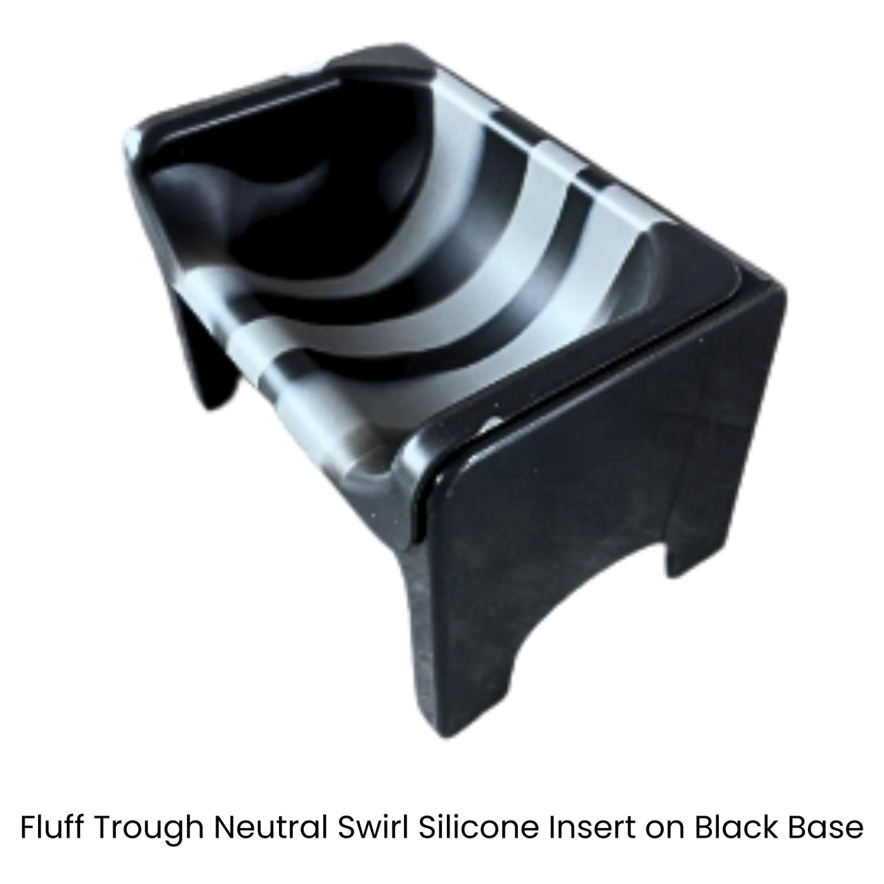 Fluff Trough set with a neutral swirl silicone insert on a black base, designed for raised feeding.