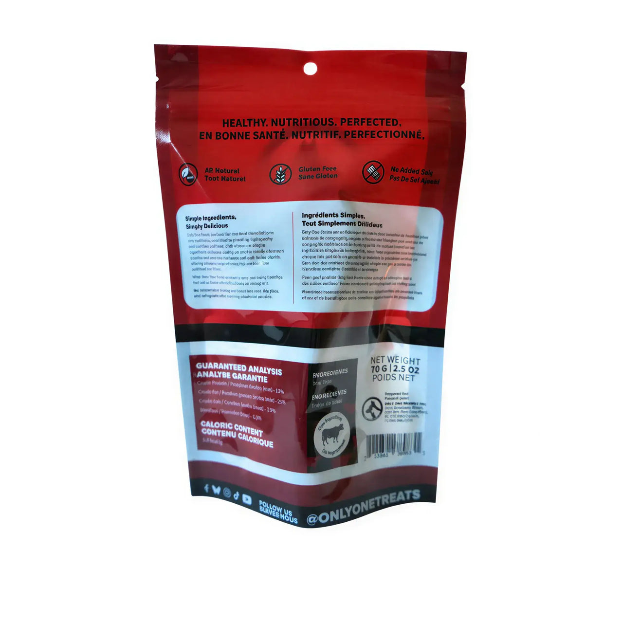 Only One green beef tripe 70g package back view, featuring ingredient list and nutritional information.