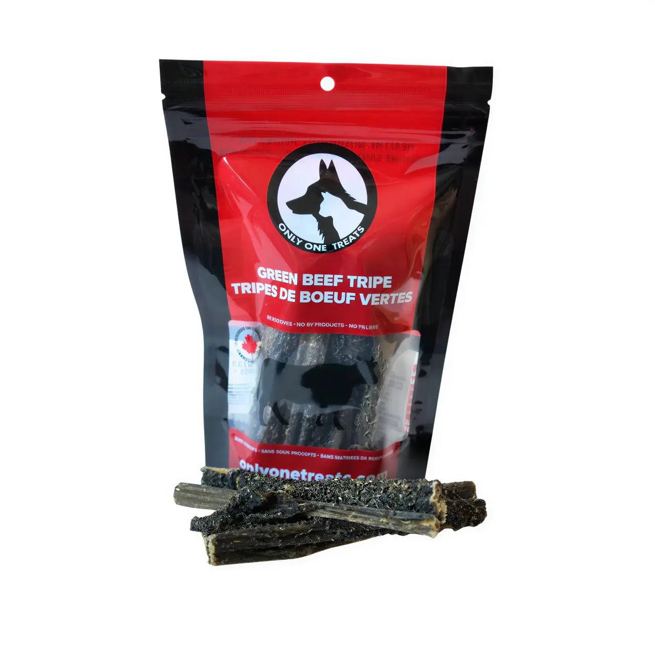Only One green beef tripe 70g package with black and red design, featuring dried tripe pieces in front.