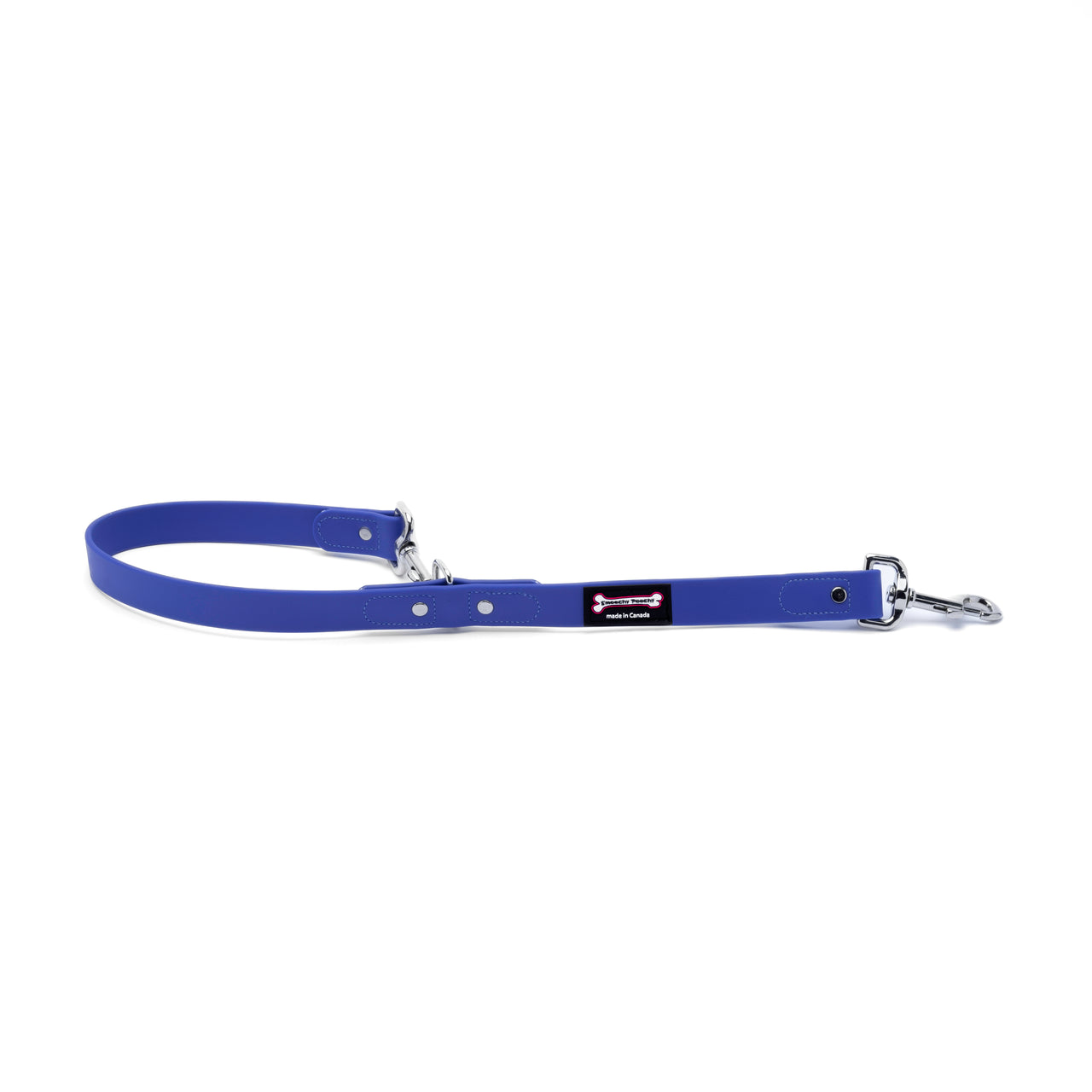 Ocean Blue Biothane dog leash with two metal clasps and adjustable rivet loop