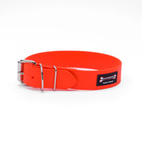 Thumbnail for Orange Smoochy Poochy Poly Buckle Style Biothane dog collar with roller buckle, double keeper loops, and metal D-ring