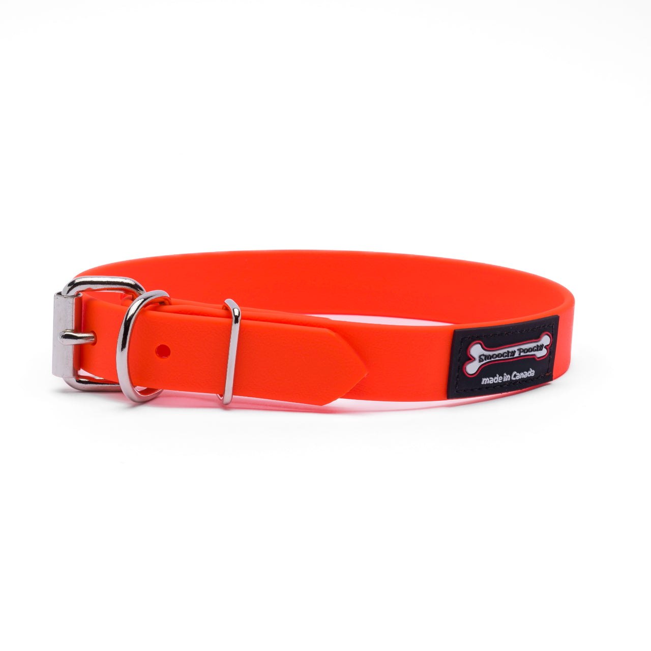 Orange Polyvinyl dog collar with roller buckle and metal D-ring