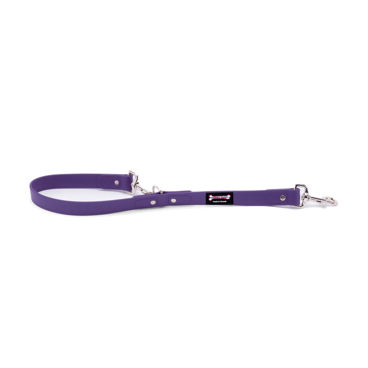 Purple Biothane dog leash with two metal clasps and adjustable rivet loop