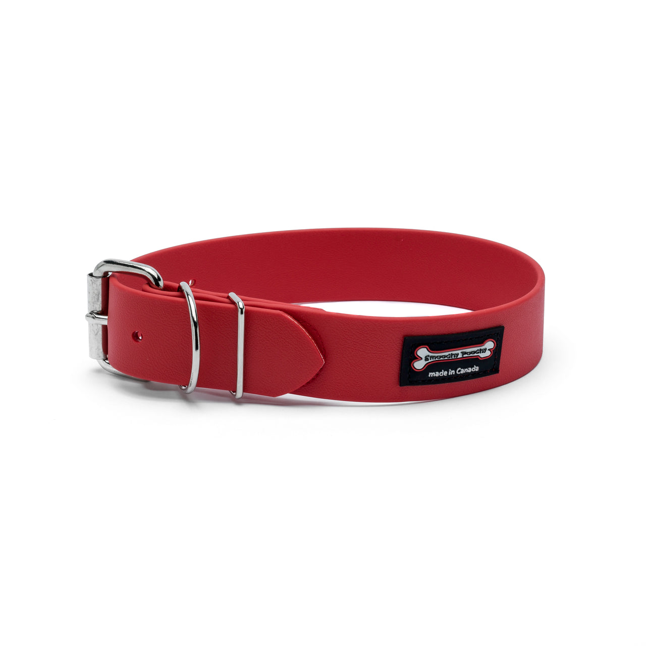 Red Smoochy Poochy Poly Buckle Style Biothane dog collar with roller buckle, double keeper loops, and metal D-ring