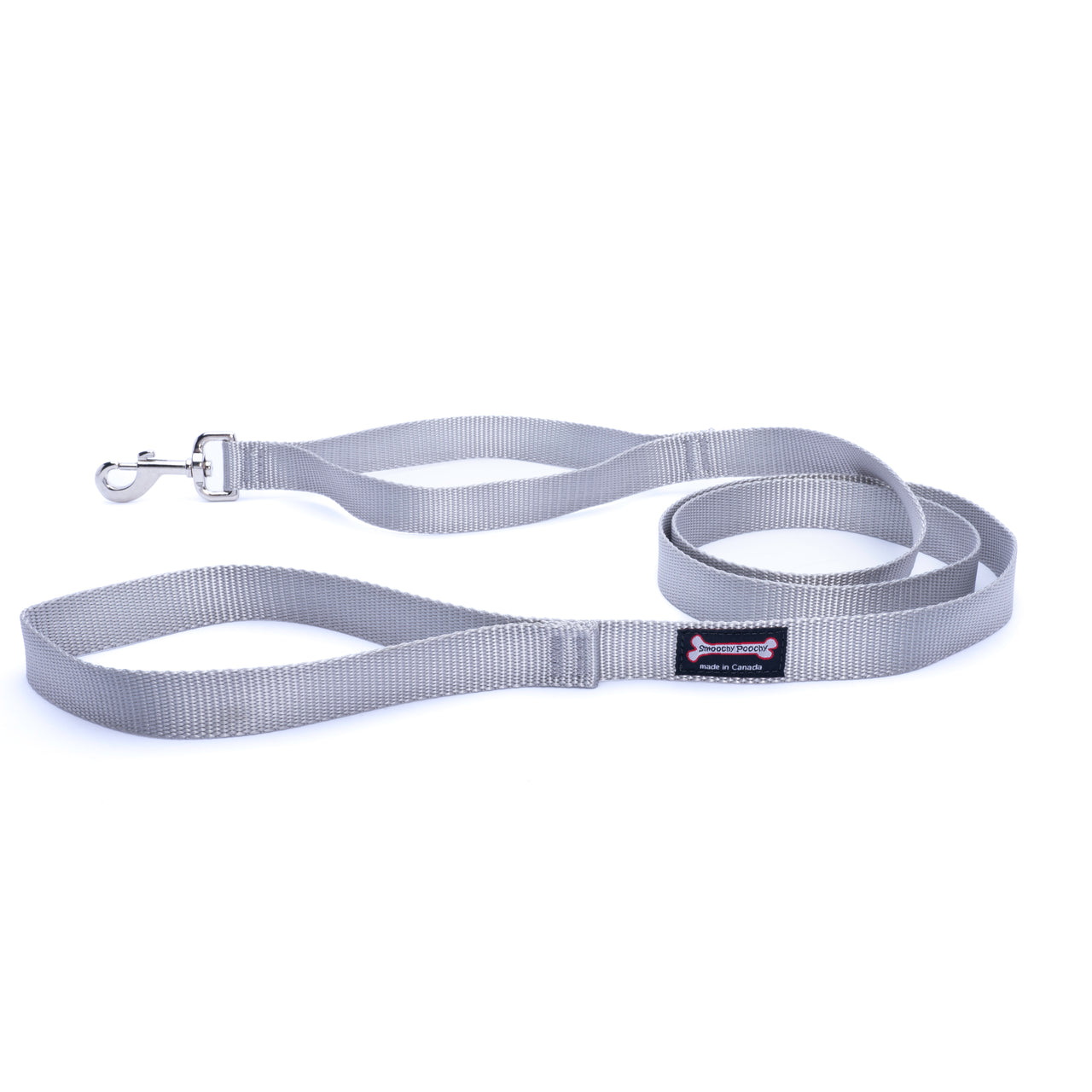 Silver nylon dog leash with handle grip and metal clip