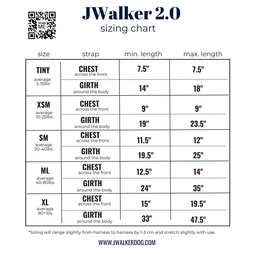 JWalker Dog Harness Fit Chart