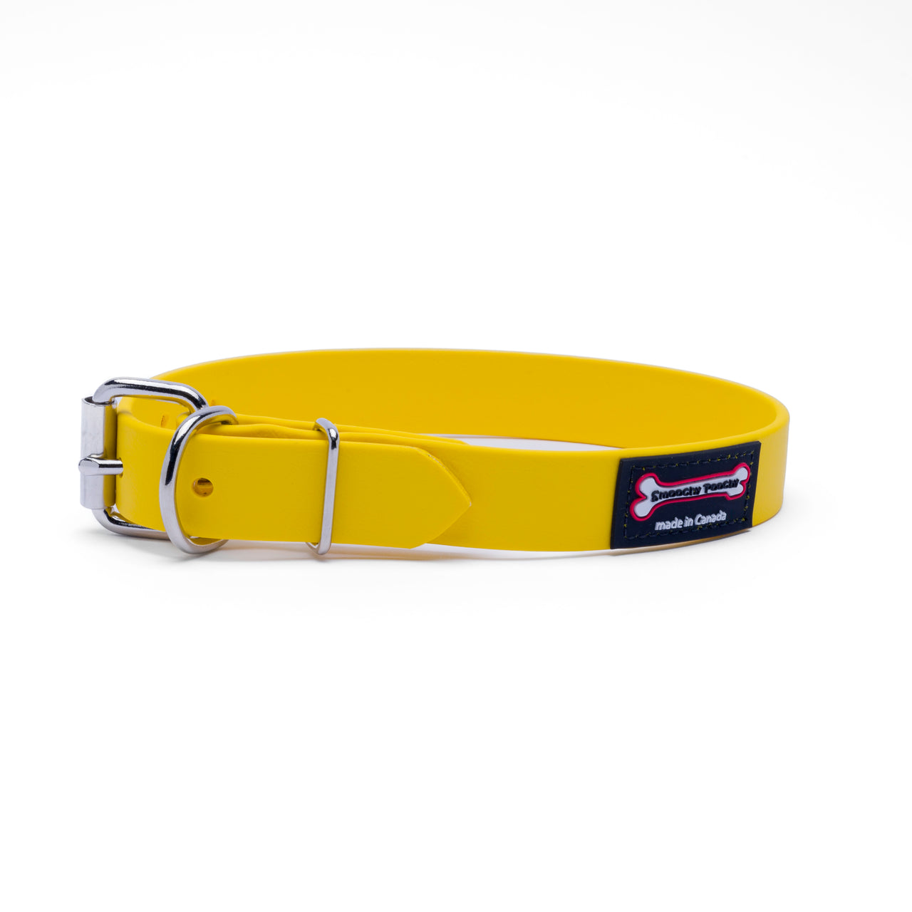 Yellow Polyvinyl dog collar with roller buckle and metal D-ring