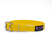 Thumbnail for Yellow Polyvinyl dog collar with roller buckle and metal D-ring