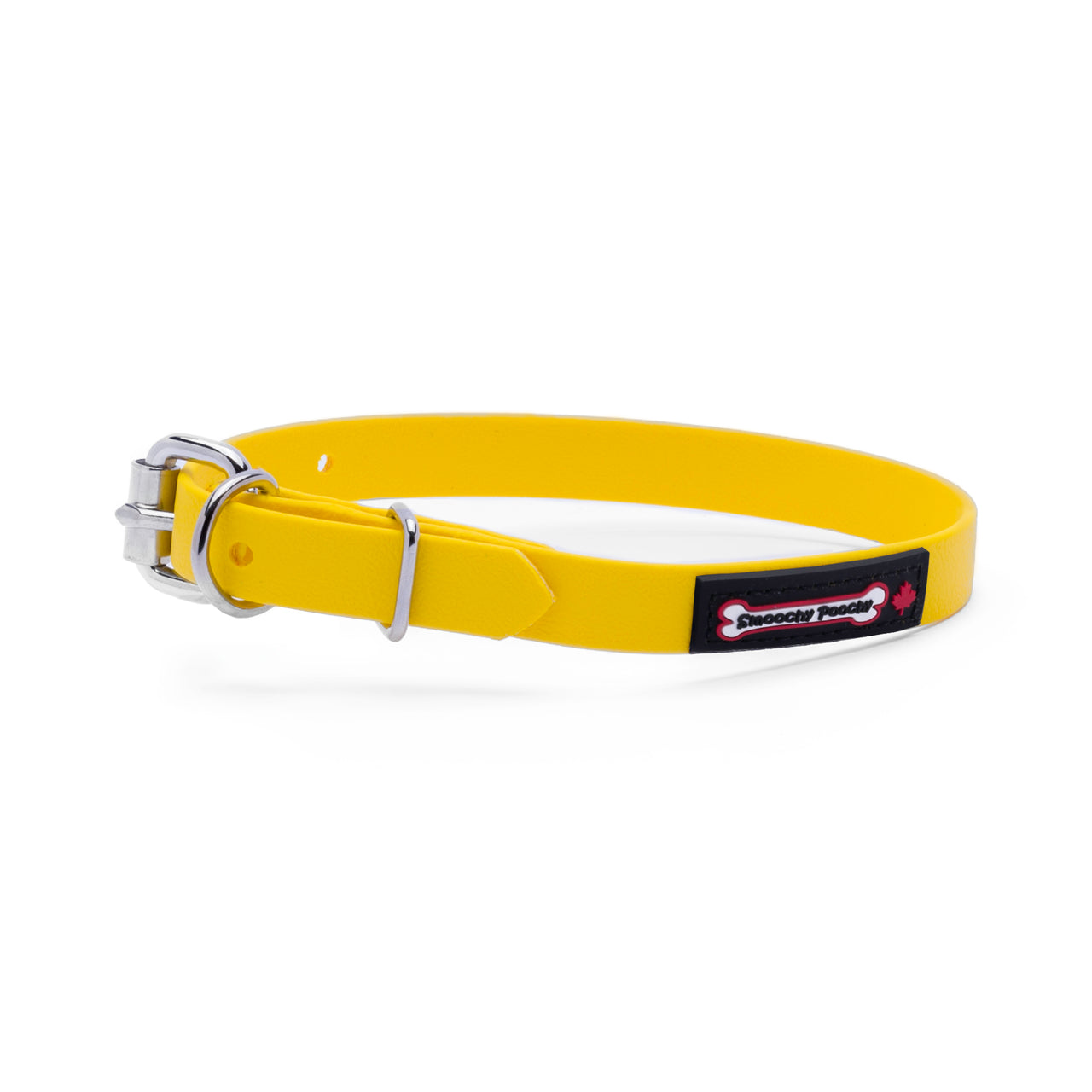 Yellow biothane dog collar with a silver metal buckle and a black Smoochy Poochy label.