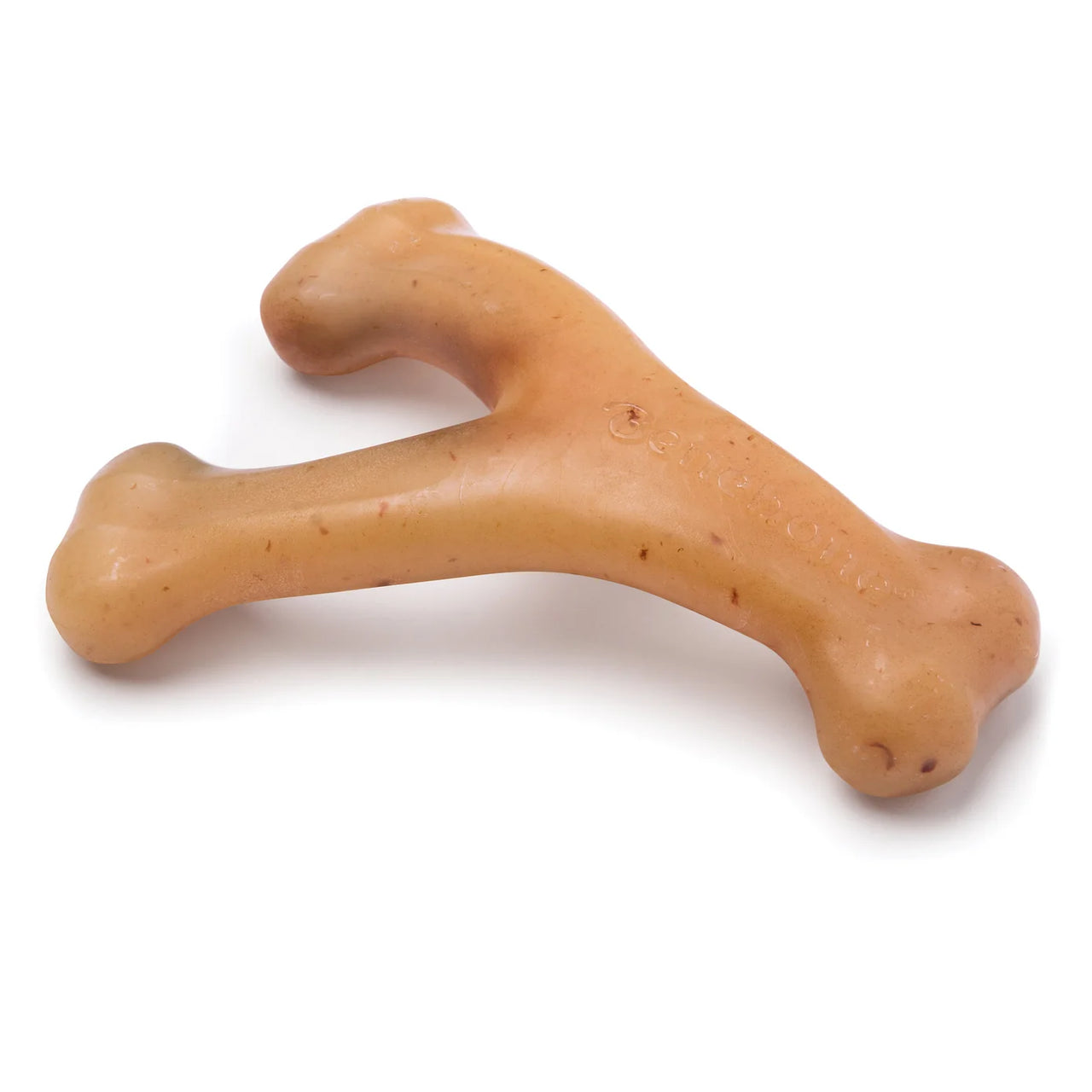 Benebone Wishbone chew toy in a chicken flavor, shaped like a wishbone, with a light brown color and textured surface.
