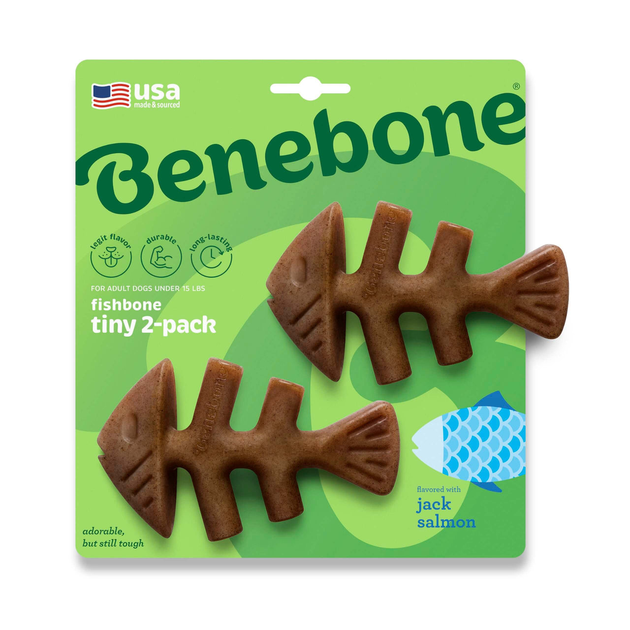 Benebone fishbone chew toy 2-pack, brown toys shaped like fish, flavored with jack salmon, suitable for small dogs.